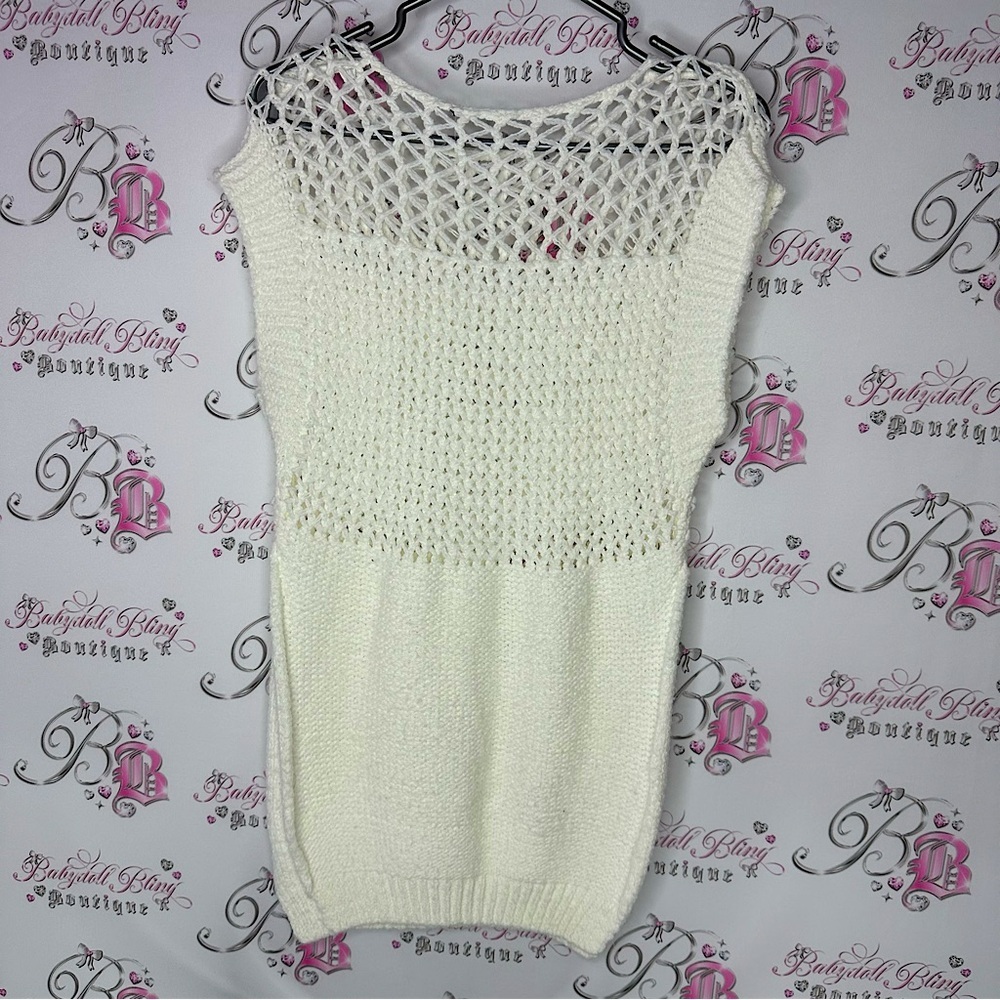 Dress knitted crochet cream white stretchy sweater open sides flowy warm cozy